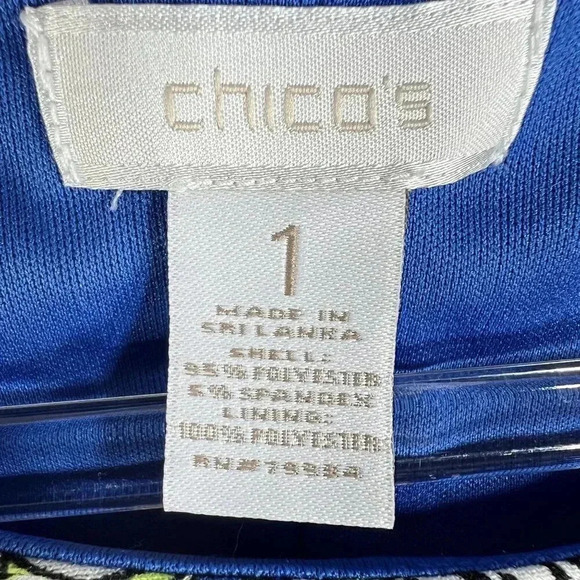 CHICOS 1 Medium Blue White Paisley 3/4 Sleeve Knit Bodycon Outdoor Shift Dress - Picture 14 of 16